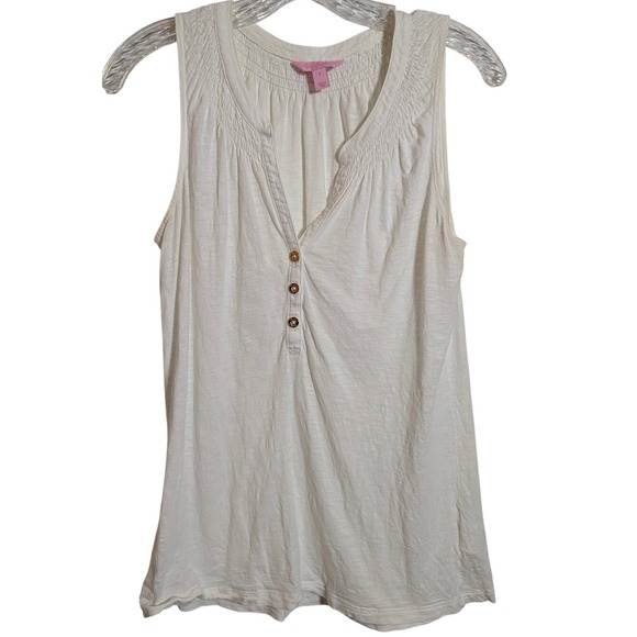 Lilly Pulitzer White Sleeveless Top‎ Button Down V Neck Smocked Blouse Size S - Picture 1 of 6